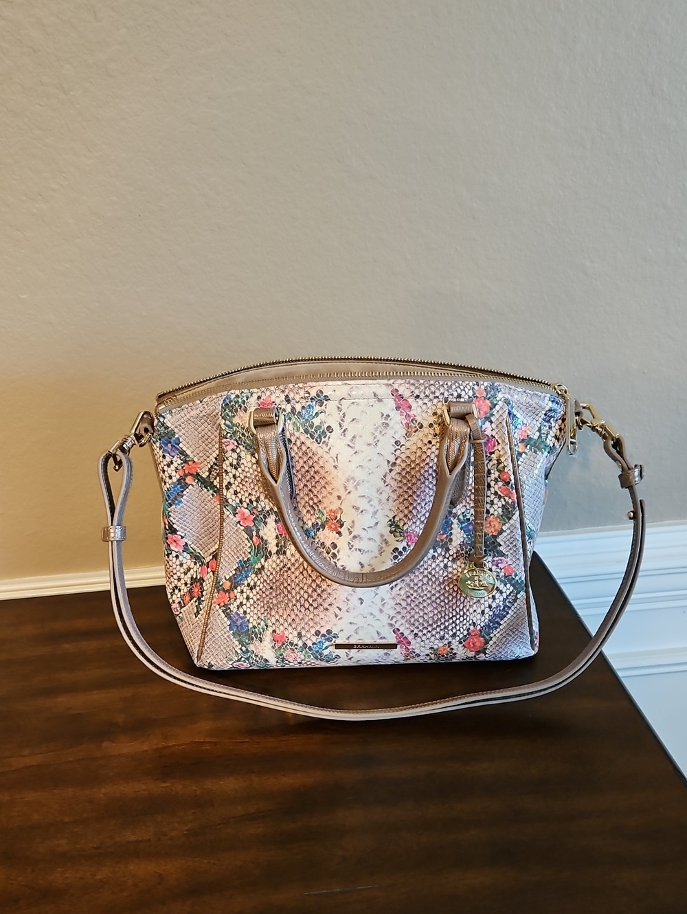 Brahmin Satchel Floral Snake-Print Satchel Handbag - Neutral Pink